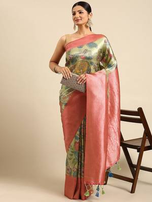 Pink & Green Kalamkari Silk Blend Banarasi Saree 1