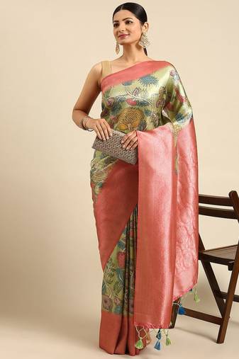 Pink & Green Kalamkari Silk Blend Banarasi Saree