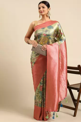 Pink & Green Kalamkari Silk Blend Banarasi Saree