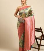 Pink & Green Kalamkari Silk Blend Banarasi Saree