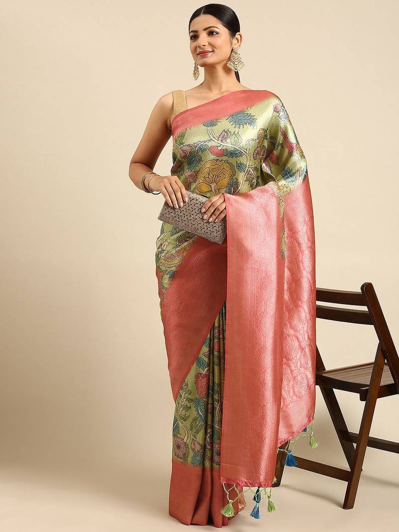Pink & Green Kalamkari Silk Blend Banarasi Saree