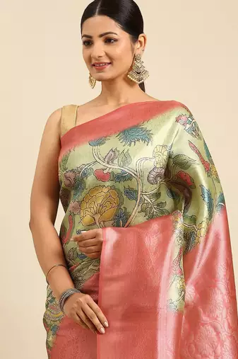 Pink & Green Kalamkari Silk Blend Banarasi Saree