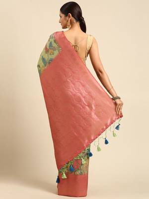 Pink & Green Kalamkari Silk Blend Banarasi Saree 3