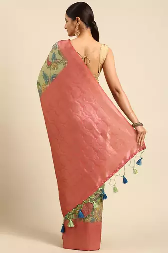 Pink & Green Kalamkari Silk Blend Banarasi Saree
