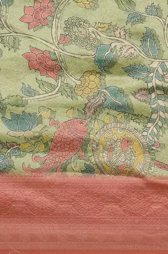 Pink & Green Kalamkari Silk Blend Banarasi Saree