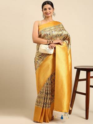 Beige & Yellow Ethnic Motifs Silk Blend Banarasi Saree 1