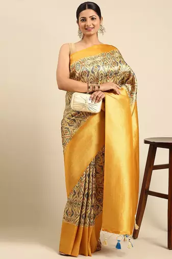 Beige & Yellow Ethnic Motifs Silk Blend Banarasi Saree