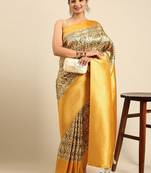 Beige & Yellow Ethnic Motifs Silk Blend Banarasi Saree