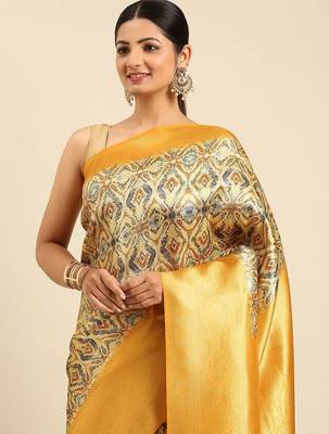 Beige & Yellow Ethnic Motifs Silk Blend Banarasi Saree 2