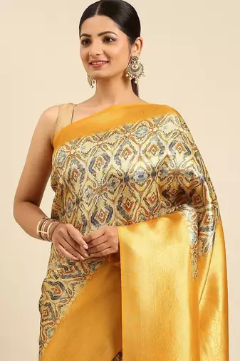 Beige & Yellow Ethnic Motifs Silk Blend Banarasi Saree