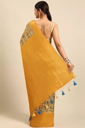 Beige & Yellow Ethnic Motifs Silk Blend Banarasi Saree