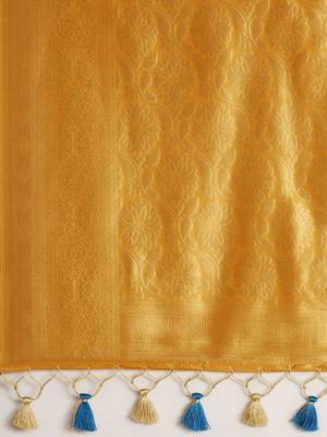 Beige & Yellow Ethnic Motifs Silk Blend Banarasi Saree 5