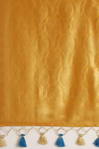 Beige & Yellow Ethnic Motifs Silk Blend Banarasi Saree