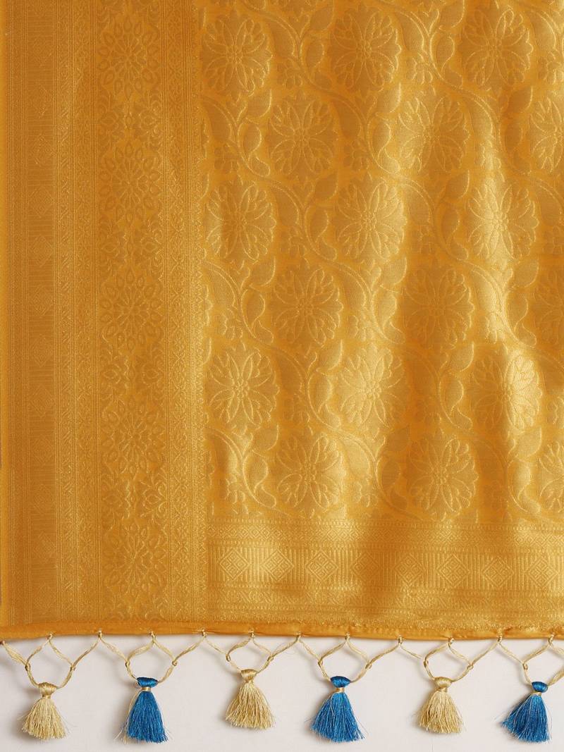 Beige & Yellow Ethnic Motifs Silk Blend Banarasi Saree