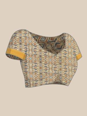 Beige & Yellow Ethnic Motifs Silk Blend Banarasi Saree 7