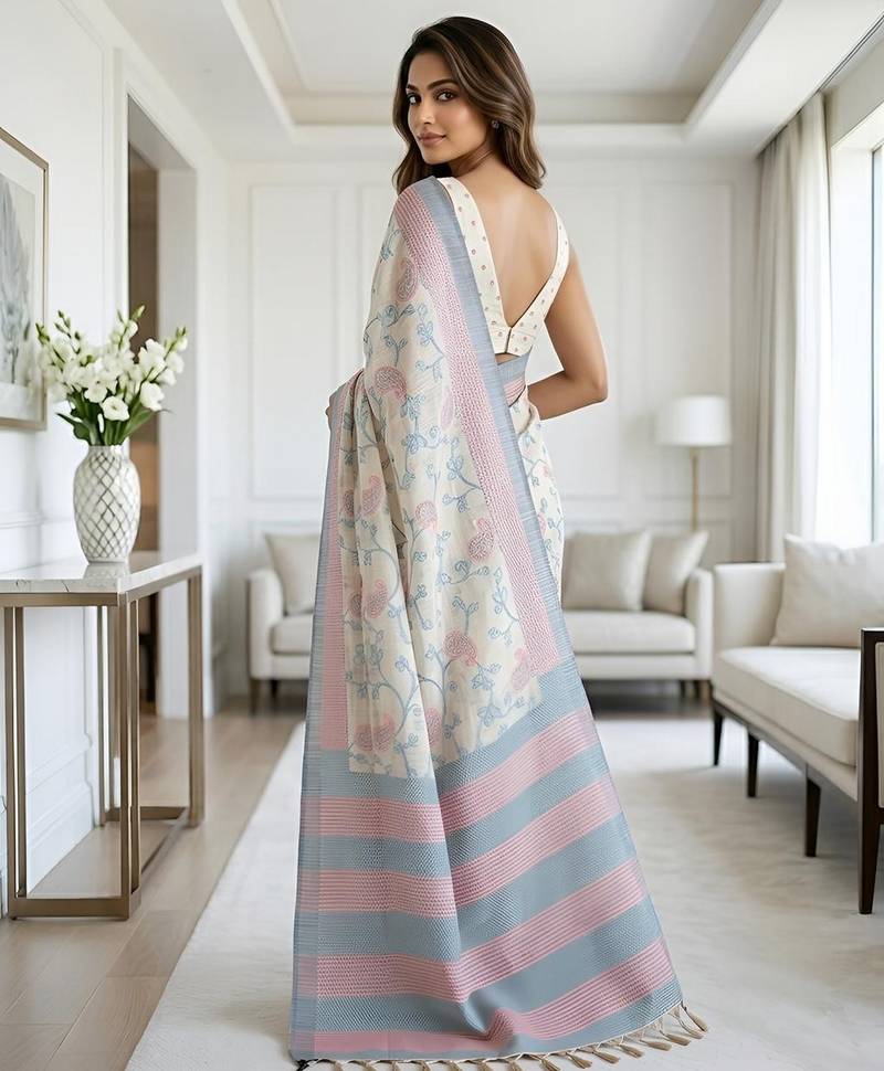 sky blue color cotton silk woven designer saree