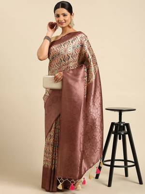 Pink & Cream-Coloured Ethnic Motifs Silk Blend Banarasi Saree 1