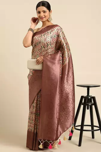Pink & Cream-Coloured Ethnic Motifs Silk Blend Banarasi Saree