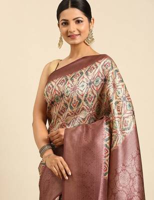 Pink & Cream-Coloured Ethnic Motifs Silk Blend Banarasi Saree 2