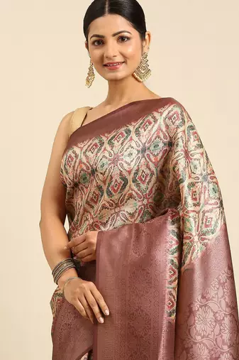 Pink & Cream-Coloured Ethnic Motifs Silk Blend Banarasi Saree