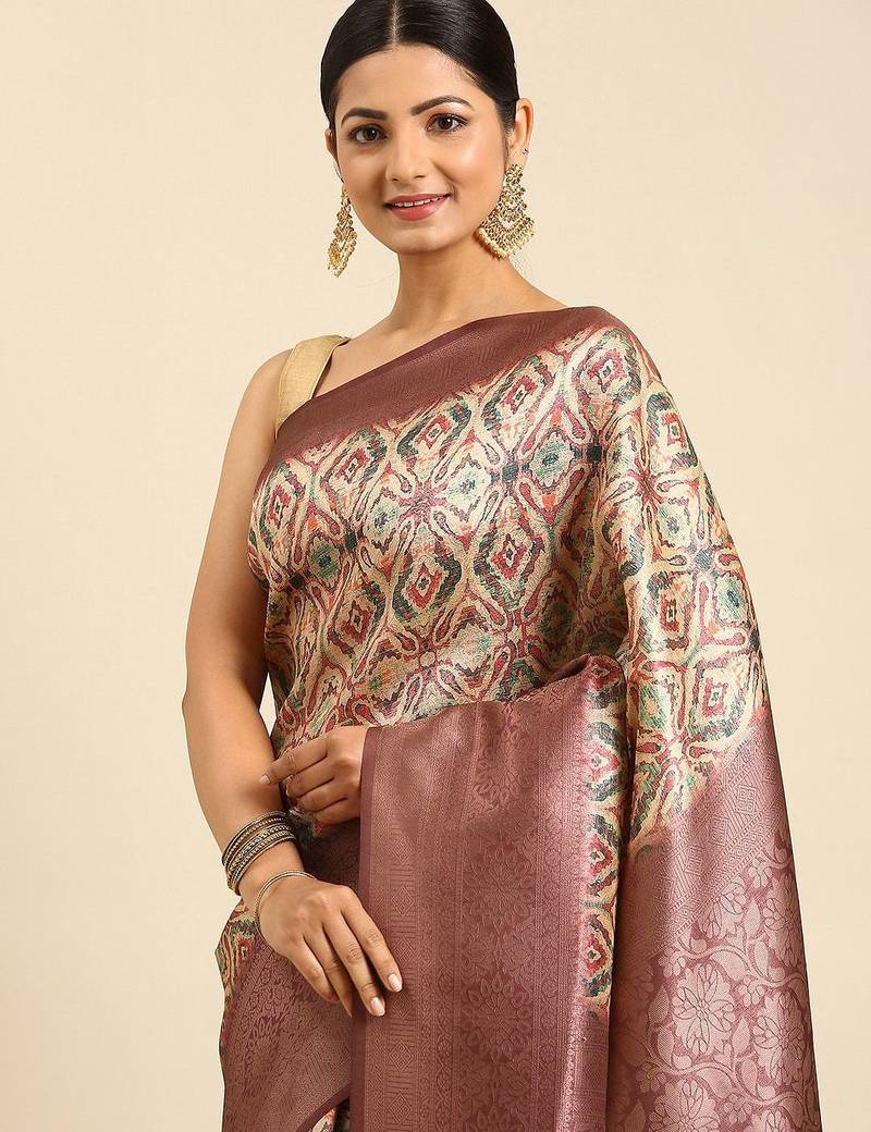 Pink & Cream-Coloured Ethnic Motifs Silk Blend Banarasi Saree