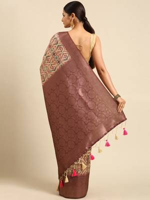Pink & Cream-Coloured Ethnic Motifs Silk Blend Banarasi Saree 3