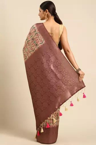 Pink & Cream-Coloured Ethnic Motifs Silk Blend Banarasi Saree