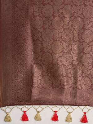 Pink & Cream-Coloured Ethnic Motifs Silk Blend Banarasi Saree 5