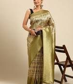 Cream-Coloured & Olive Green Ethnic Motifs Silk Blend Banarasi Saree