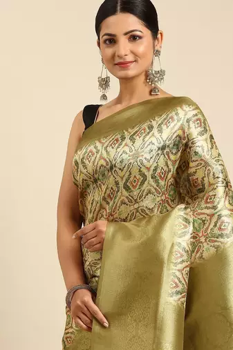 Cream-Coloured & Olive Green Ethnic Motifs Silk Blend Banarasi Saree