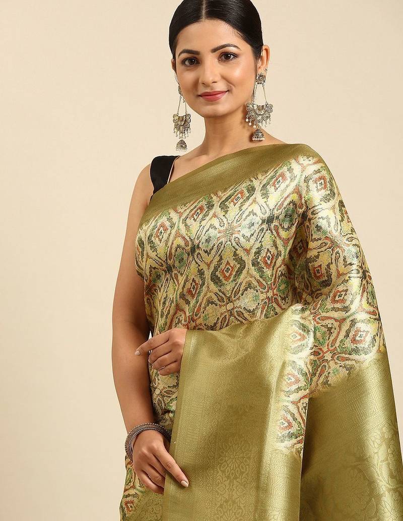 Cream-Coloured & Olive Green Ethnic Motifs Silk Blend Banarasi Saree