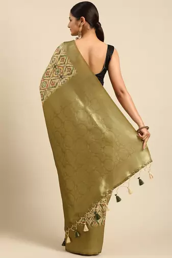 Cream-Coloured & Olive Green Ethnic Motifs Silk Blend Banarasi Saree