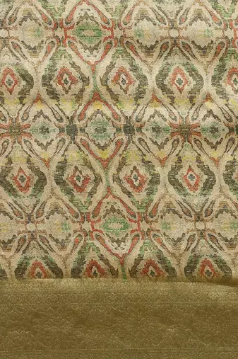 Cream-Coloured & Olive Green Ethnic Motifs Silk Blend Banarasi Saree