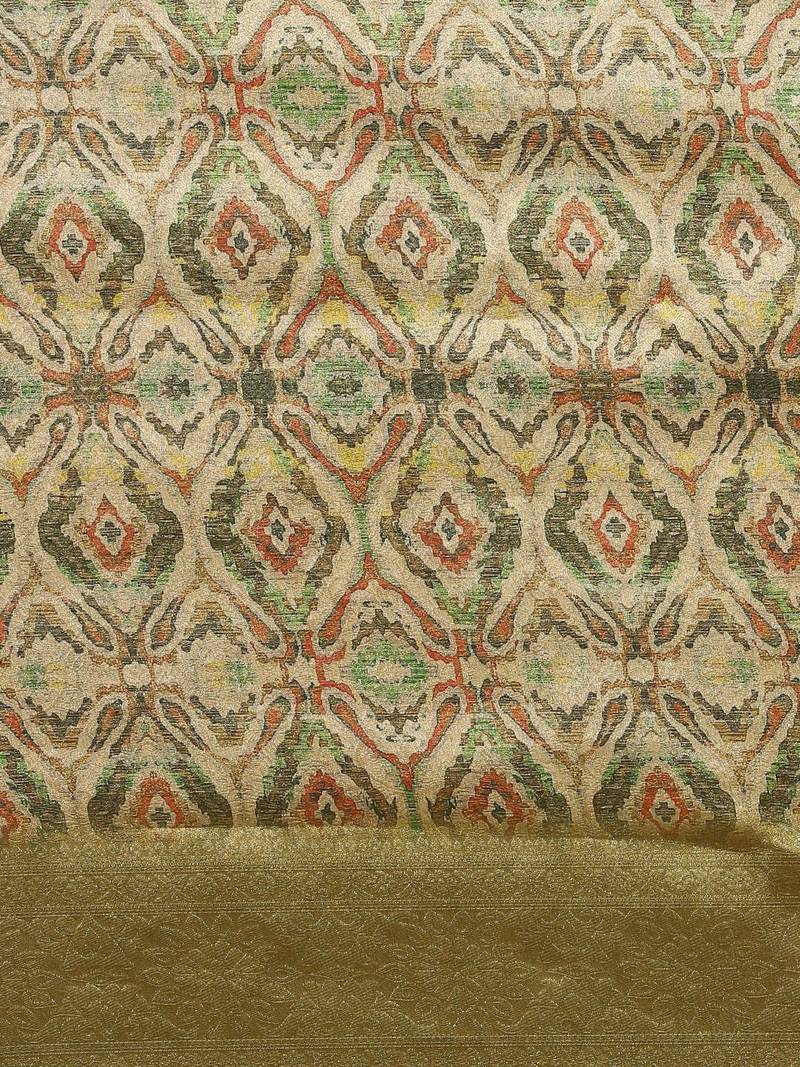 Cream-Coloured & Olive Green Ethnic Motifs Silk Blend Banarasi Saree