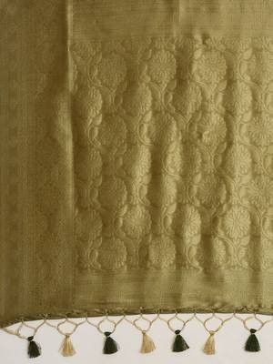 Cream-Coloured & Olive Green Ethnic Motifs Silk Blend Banarasi Saree 5