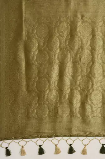 Cream-Coloured & Olive Green Ethnic Motifs Silk Blend Banarasi Saree