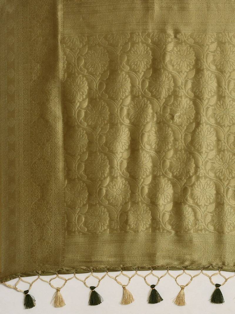 Cream-Coloured & Olive Green Ethnic Motifs Silk Blend Banarasi Saree