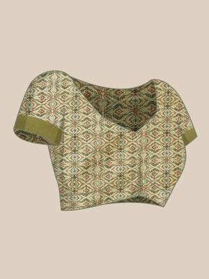 Cream-Coloured & Olive Green Ethnic Motifs Silk Blend Banarasi Saree 7