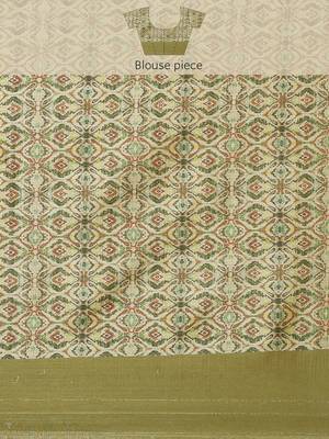 Cream-Coloured & Olive Green Ethnic Motifs Silk Blend Banarasi Saree 8