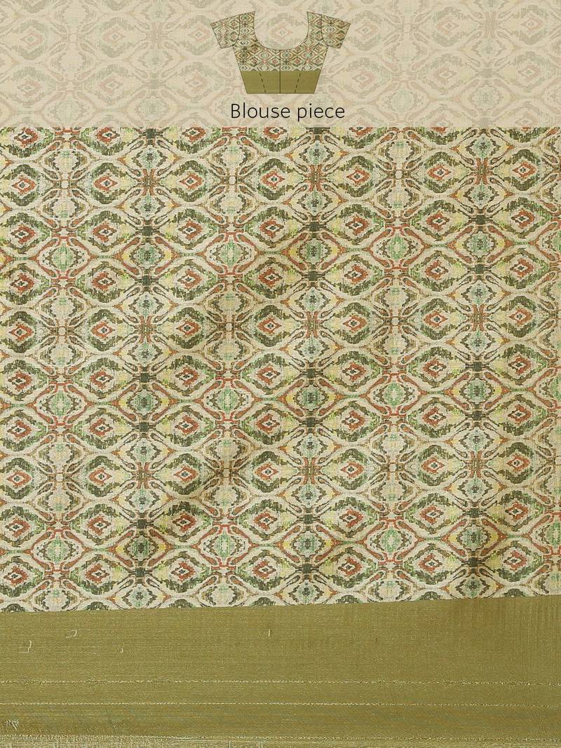 Cream-Coloured & Olive Green Ethnic Motifs Silk Blend Banarasi Saree