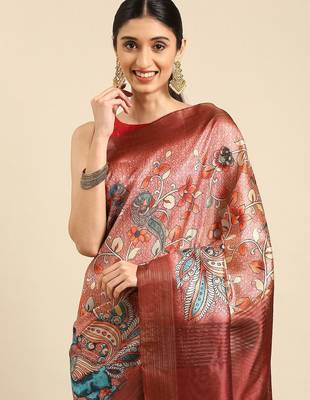 Pink & Red Kalamkari Ready to Wear Tussar Saree 2