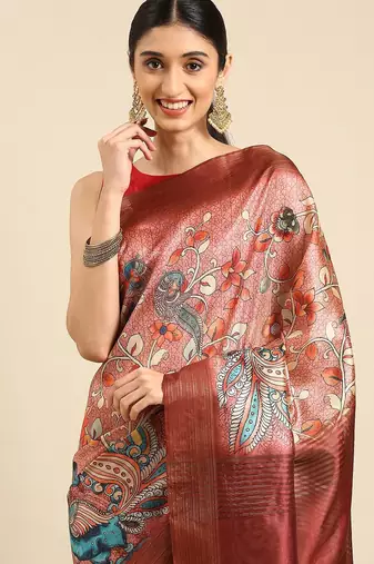 Pink & Red Kalamkari Ready to Wear Tussar Saree