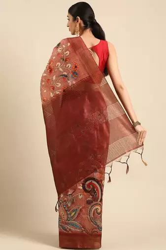 Pink & Red Kalamkari Ready to Wear Tussar Saree