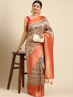 Cream-Coloured & Orange Ethnic Motifs Zari Silk Blend Banarasi Saree 1
