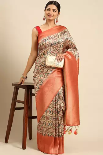 Cream-Coloured & Orange Ethnic Motifs Zari Silk Blend Banarasi Saree