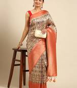Cream-Coloured & Orange Ethnic Motifs Zari Silk Blend Banarasi Saree