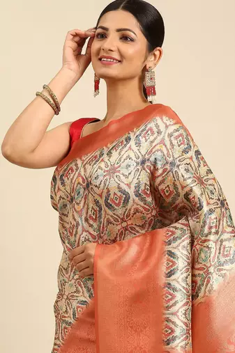 Cream-Coloured & Orange Ethnic Motifs Zari Silk Blend Banarasi Saree