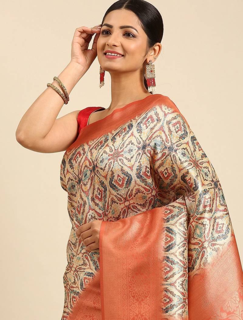 Cream-Coloured & Orange Ethnic Motifs Zari Silk Blend Banarasi Saree