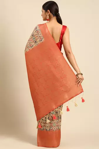 Cream-Coloured & Orange Ethnic Motifs Zari Silk Blend Banarasi Saree