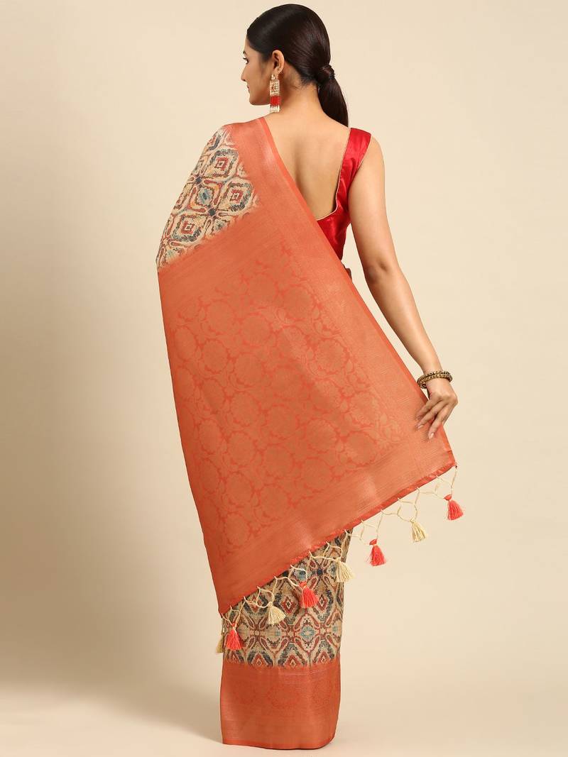Cream-Coloured & Orange Ethnic Motifs Zari Silk Blend Banarasi Saree